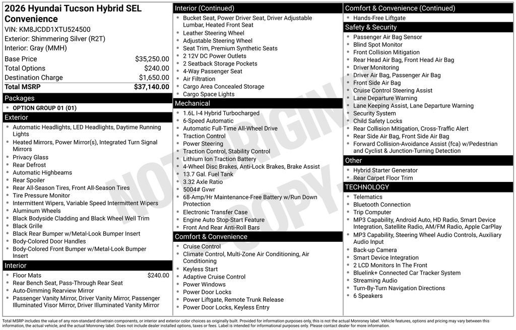 2026 Hyundai TUCSON HYBRID SEL Convenience