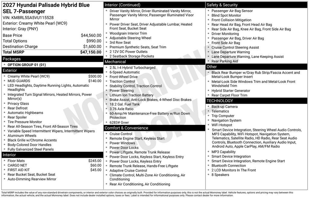2027 Hyundai PALISADE HYBRID Blue SEL 7 Passenger