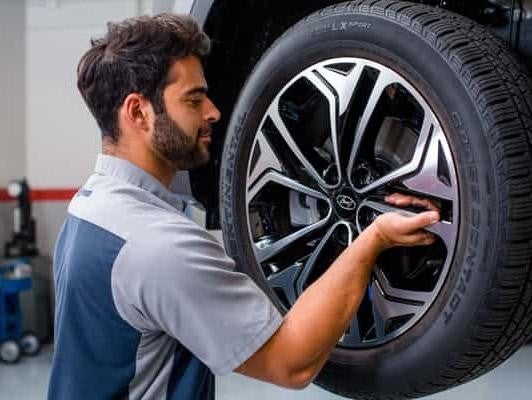 Bentley Hyundai in Huntsville AL technician changing a tire on a car